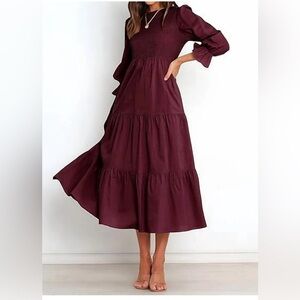 Elegant Long Sleeve Wine Red Dress